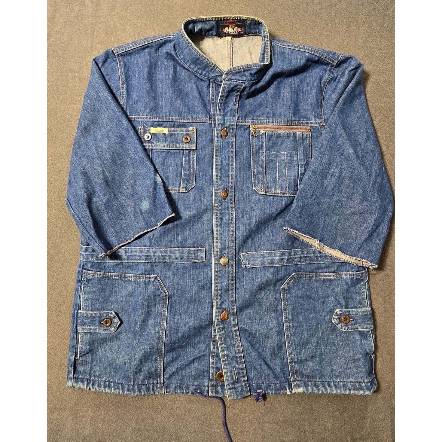 Cotler Vintage Denim Trucker Jacket Large Sleeve Utility Pockets Distressed